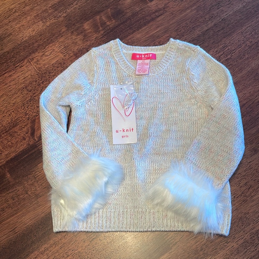U-knit winter white faux fur cuff sweater